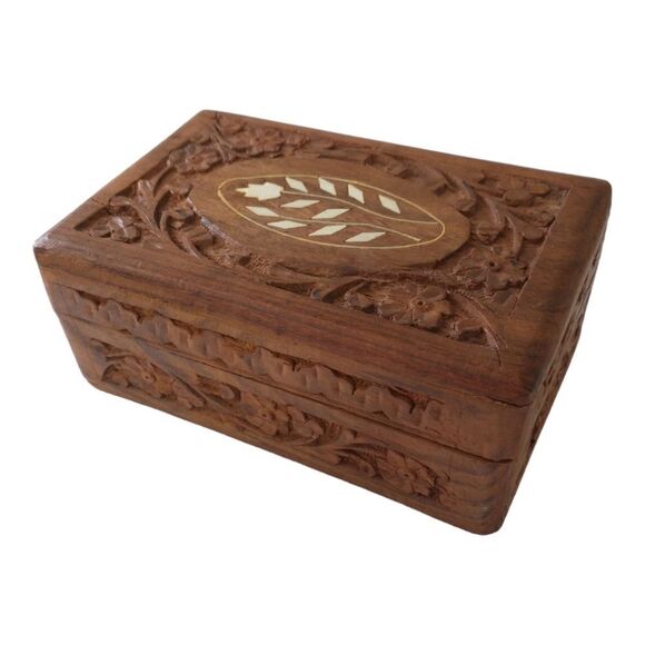 Hand Carved Wood Trinket Box Inlaid MOP Abalone Jewelry Vintage Hinged Bohemian. - Picture 10 of 15